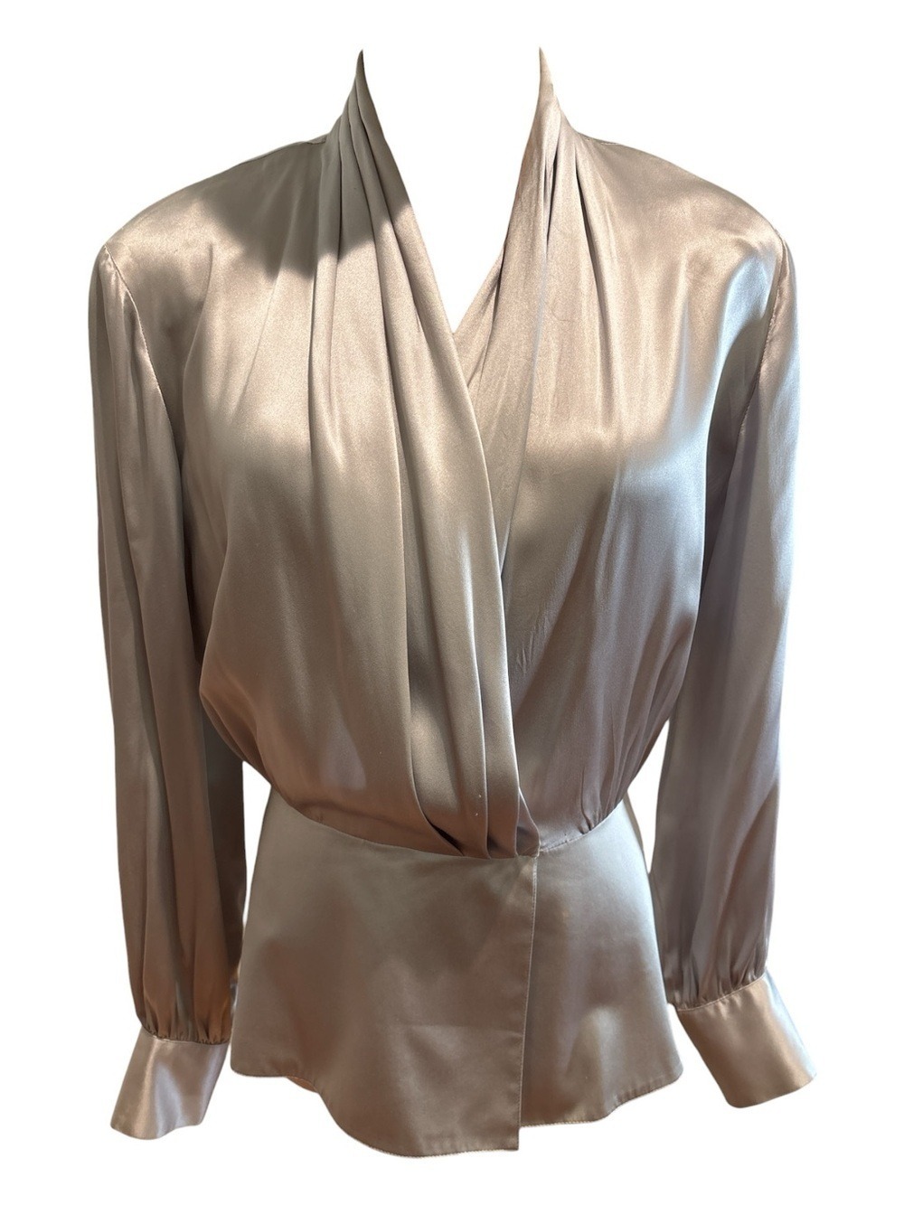 80s FRANCESCA DAMON SILK SATIN PALE GRAY DRAPED WRAP PEPLUM BLOUSE LUXURY SZ 10 - Picture 3 of 8